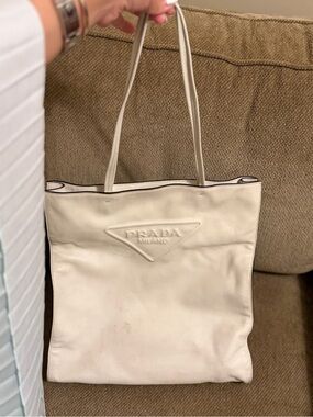 Prada Cream Leather Tote with Embossed Logo